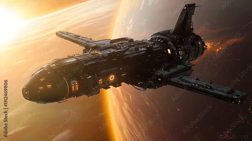 Poster futuristic journey showing spacecraft orbiting remote alien planet image