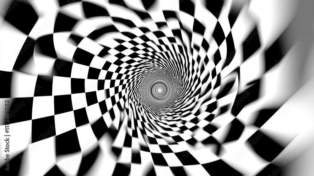 Poster a black and white pixelated illusion that mimics the effect of a spinning vortex using concentric sq