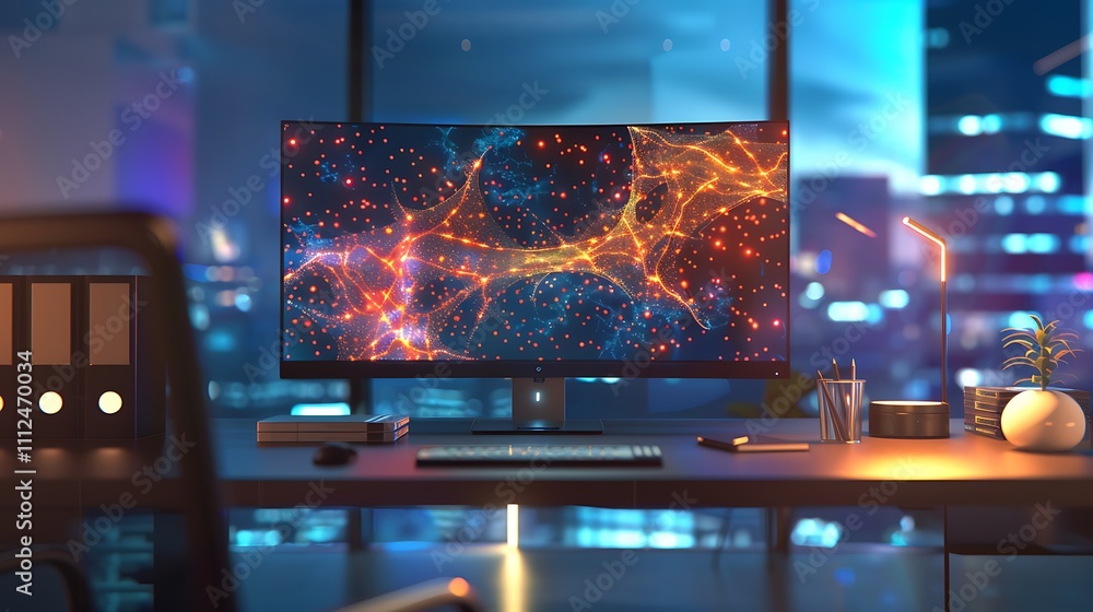 Poster a holographic display of neurons and dna floating above a minimalist desk setup in a modern office