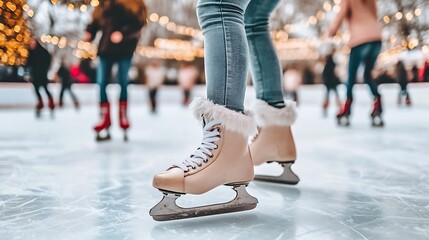 Fototapeta premium Close-up of Ice Skates on an Ice Rink with Blurred People in the Background