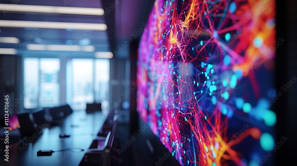 Poster a large digital display in a conference room, showing a live feed of neural activity in a colorful 3