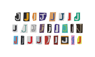Set of cut-out letter “J” from magazines on a transparent background, retro y2k ransom font style