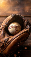 well worn leather baseball glove holding old ball