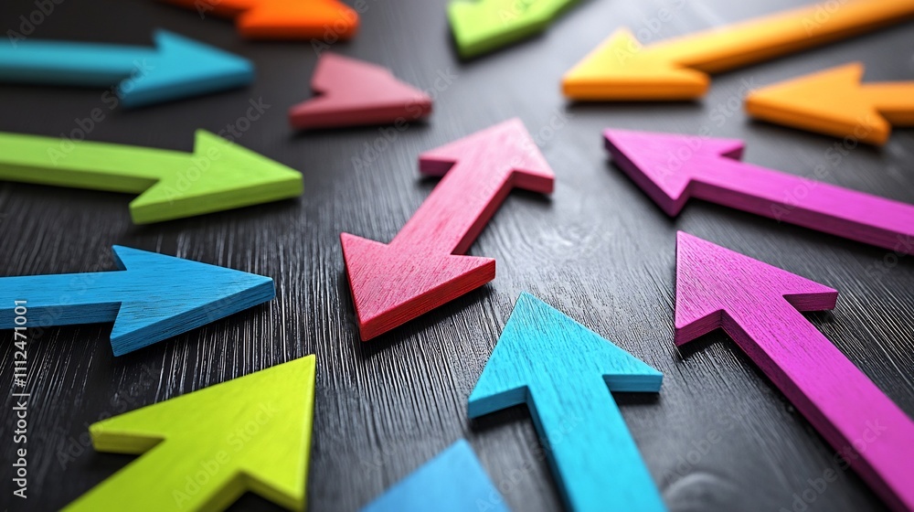 Poster colorful diverging arrows representing choices and pathways for decision-making and conceptual
