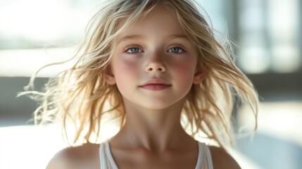 Fototapeta premium A young girl with flowing hair, gazing softly at the camera in a bright, airy setting.
