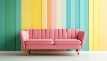 Colorful interior design with a pink sofa against a vibrant pastel striped wall, capturing modern and cheerful home decor.