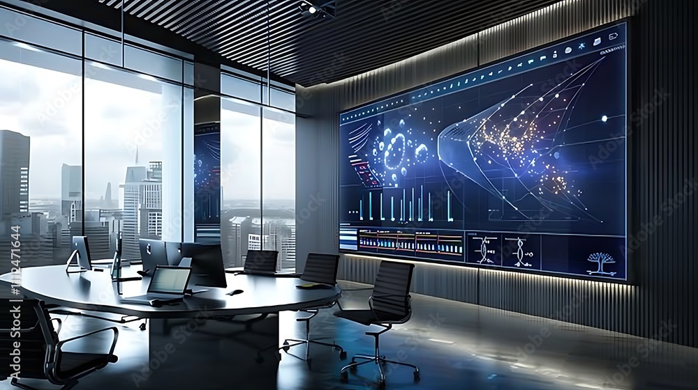 Poster a modern science lab with a transparent screen showing a 3d animation of dna replication