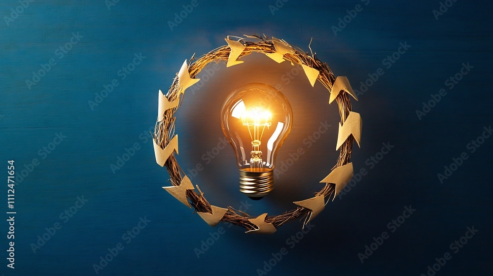 Poster arrows forming circular loop around glowing light bulb,representing feedback and innovation