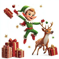 stylized illustration for the design of a Christmas New Year postcard, elf and reindeer Rudolph with gifts on a white background