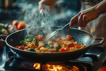 Fresh broccoli, tomatoes, and colorful vegetables sizzle in a heated pan as hands expertly toss them together. The kitchen is lively, filled with warm light and enticing aromas.