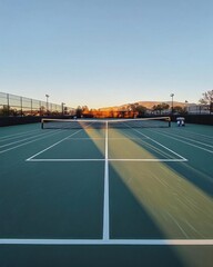 A tennis court at sunset, showcasing a serene sports environment.
