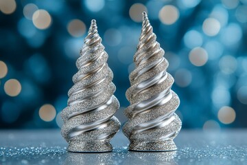 Obraz premium Christmas Tree Toy and Blue Bokeh Background with Silver Glitter Decoration on Shiny Festive Table, New Year Celebration Concept