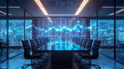 A modern science lab with a transparent screen showing a 3D animation of DNA replication