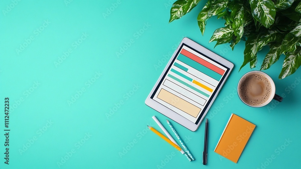 Poster vibrant workspace setup with tablet form,coffee,and notepad