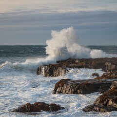Ocean coast: waves crashing on rocks, sea breeze
