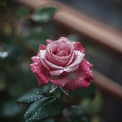 A macro shot of a rose flower: dew drops on the petals, morning light