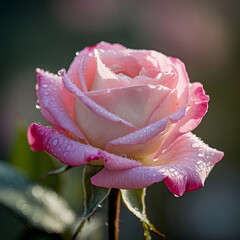 A macro shot of a rose flower: dew drops on the petals, morning light
