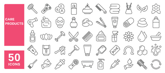 Set of 50 line icons related to care products, hyaluronic, moisture, cream, serum, ceramide, collagen, supplements, acid, Editable stroke. Vector illustration