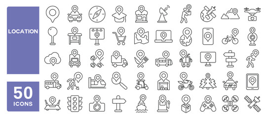 Set of 50 line icons related to location, pin, map, navigation, transport, deliver, journey, address, track, route, Editable stroke. Vector illustration