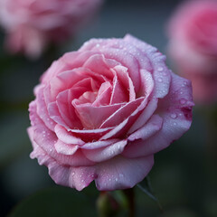 A macro shot of a rose flower: dew drops on the petals, morning light