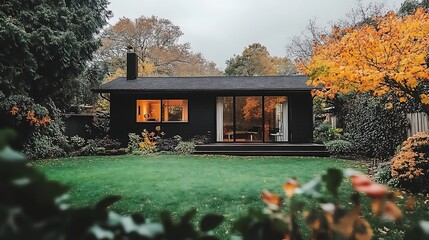 A Small Black Cabin With Large Windows Set Against A Lush Green Lawn And Autumn Trees
