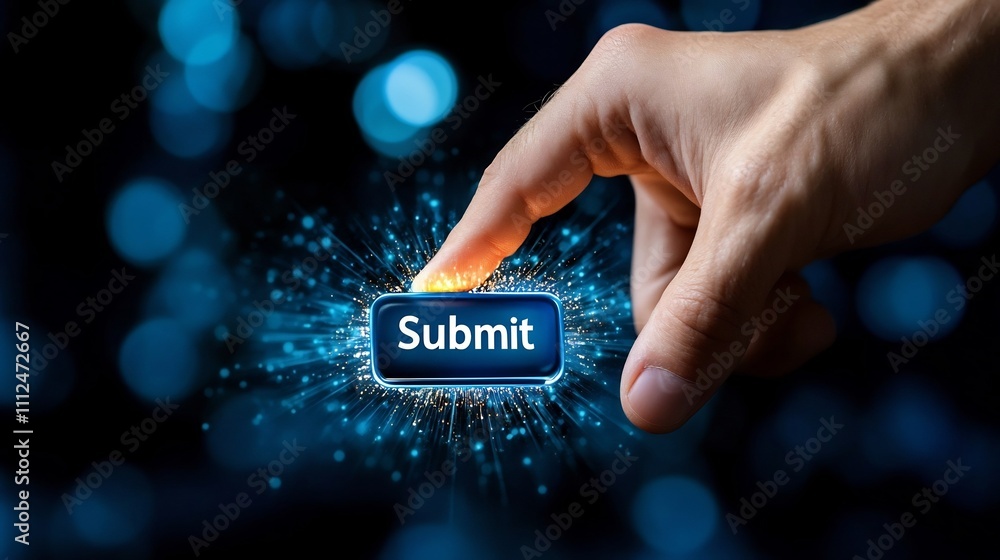 Aufkleber finger hovering over glowing submit button on digital form