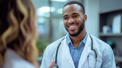 Fototapeta premium A smiling healthcare professional engages in conversation with a patient.