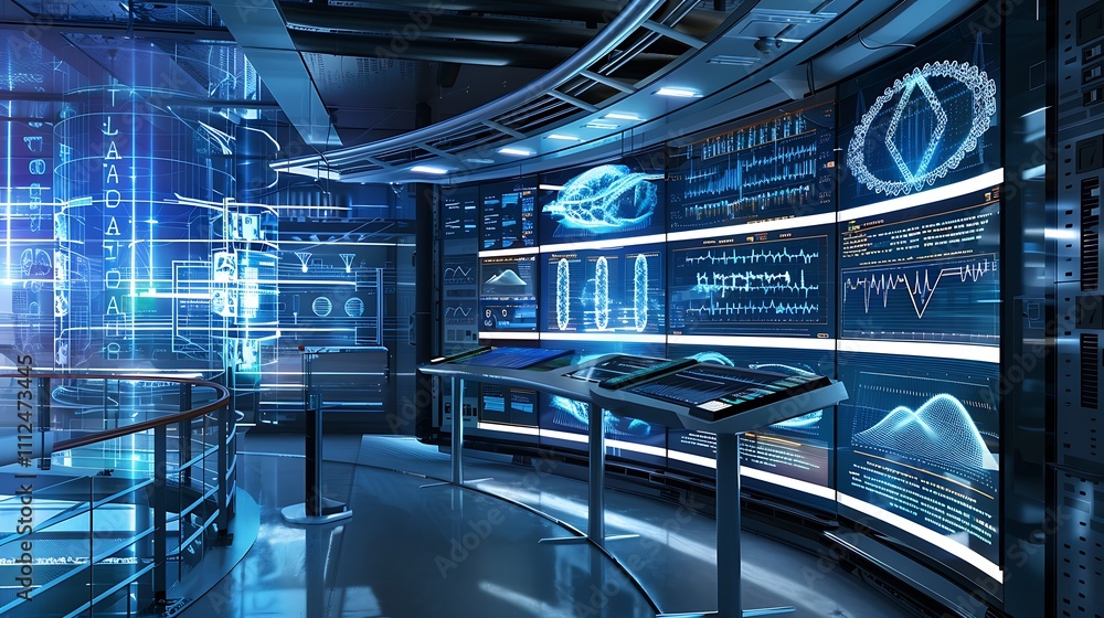 Poster a modern research facility with multiple digital displays, each showing different sections of a dna 