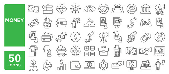 Set of 50 line icons related to money, pay, payment, funds, cash, card, wealth, savings, stack, wallet, gold, coin, Editable stroke. Vector illustration