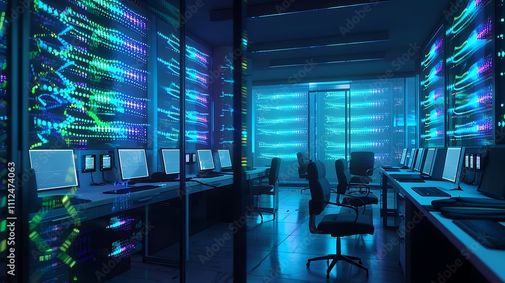 Poster a modern research facility with multiple digital displays, each showing different sections of a dna 