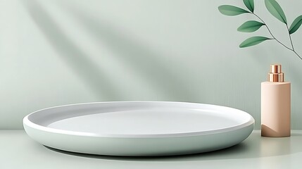 A White Round Platform with a Bottle and Green Leaves on a Light Green Background