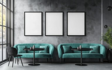 A detailed, high-resolution image of a café © interior showcasing a turquoise velvet sofa, black round tables, and two vertical blank poster frames on the wall. 