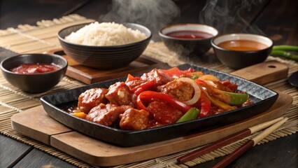 Sizzling platter of sweet and sour pork with rice and sauces