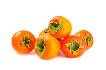 Persimmon isolated on white background. Persimmon fruit. Slice of ripe, juicy, sweet persimmon fruit. Vegan. Fruit garden. Close-up.