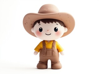 Naklejka premium Adorable 3D Rendered Farmer Boy Figurine Cute Cartoon Character Childrens Toy Farm Theme
