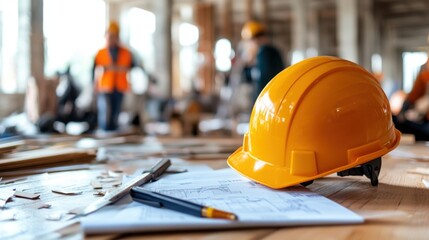 Construction Site with Hard Hat and Plans on Desk Highlighting Safety and Planning in Building Projects