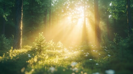 Serene forest scene with sunlight filtering through trees, creating a peaceful atmosphere.