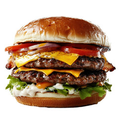 Delicious stacked cheeseburger with fresh toppings. transparent background