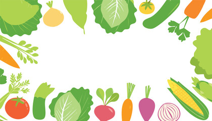 A vibrant illustration of fresh vegetables like carrots, zucchini, potatoes, avocados, and leafy greens, arranged in a frame on a white background. Copy space