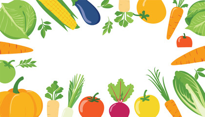 A vibrant illustration of fresh vegetables like carrots, zucchini, potatoes, avocados, and leafy greens, arranged in a frame on a white background. Copy space