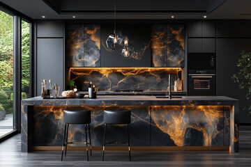 Modern Black And Gold Kitchen Island Design