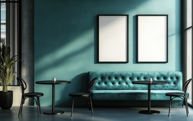 A high-quality photorealistic depiction of a caf&eacute; &copy; with a turquoise velvet sofa and black round tables, two vertical blank poster frames on the wall mockup. 