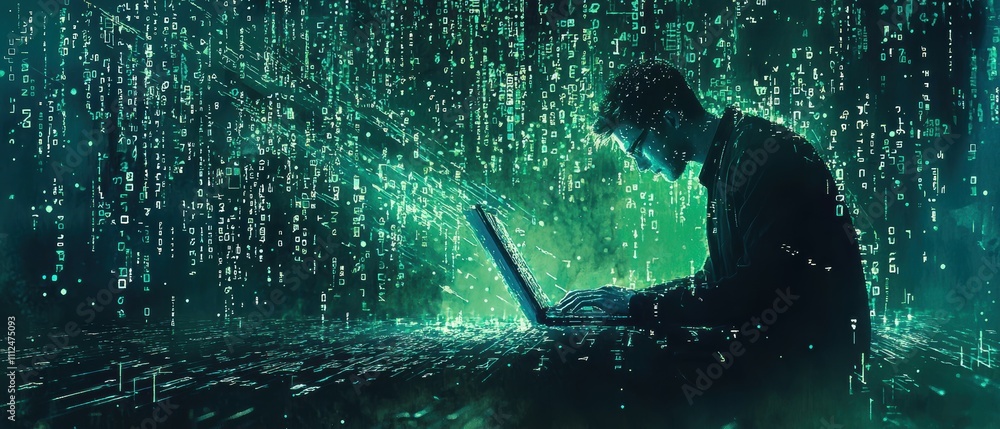 Poster cybersecurity expert in a futuristic digital workspace insights on binary patterns