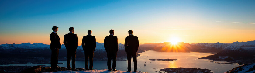 Obraz premium Business team in formal attire overlooking scenic sunset view