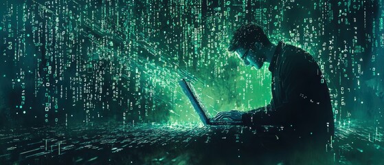 Cybersecurity expert in a futuristic digital workspace insights on binary patterns