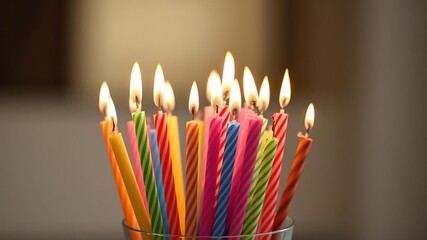 colorful birthday candles in a vase, celebratory atmosphere, floral arrangement, colorful lights
