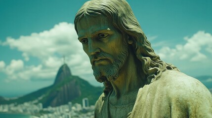 Obraz premium A close-up of a statue of Jesus overlooking a cityscape with mountains in the background.