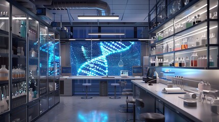 A modern conference room with a large screen showing a detailed neural activity chart and DNA sequencing animation