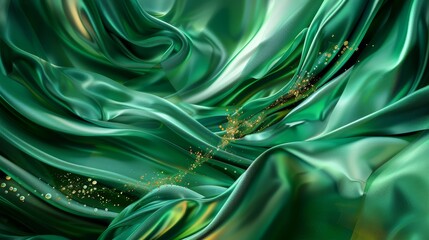 Luxurious emerald green silk fabric flows gracefully, adorned with sparkling golden particles, creating an elegant and opulent abstract background