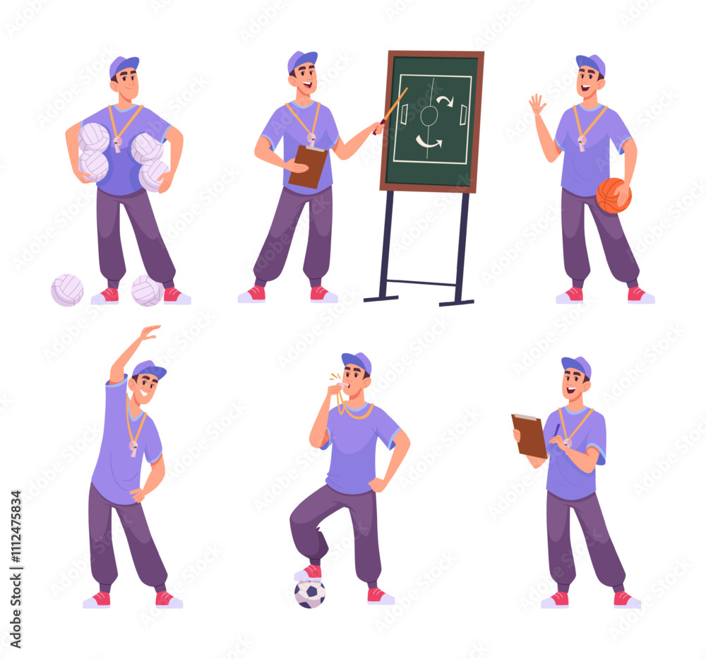 Wall mural Physical education teacher. Pupils sport activities with teacher exact vector school children